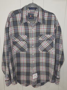 Chaps Men's Plaid Button-Down Shirt in Gray, Red, White Y2k Size XL Wool Blend